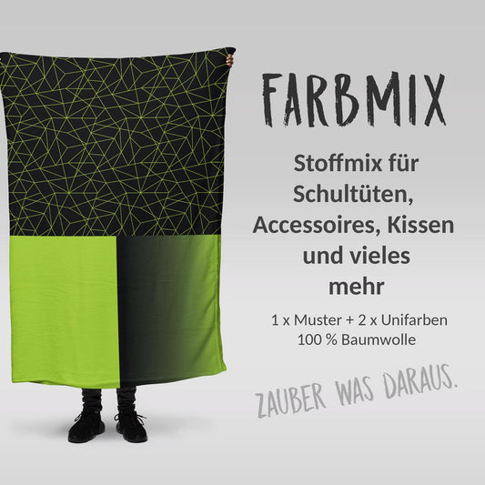 Stoffmix PANEL: Vernetzung Grün Schwarz (97 cm x 150 cm) - perfekt für Schultüten & Accessoires zur Einschulung | Linien, Race, Rennwagen