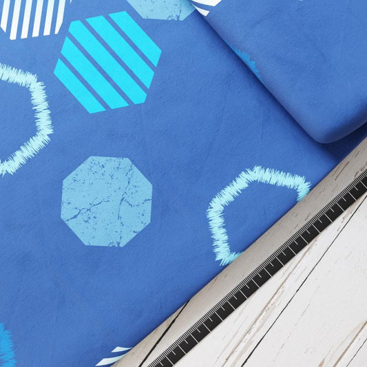 Baumwollsatin: Blaue Fussball Achtecke - perfekt für Schultüten, Accessoires zur Einschulung - Fußball, Soccer, Tor, Spieler