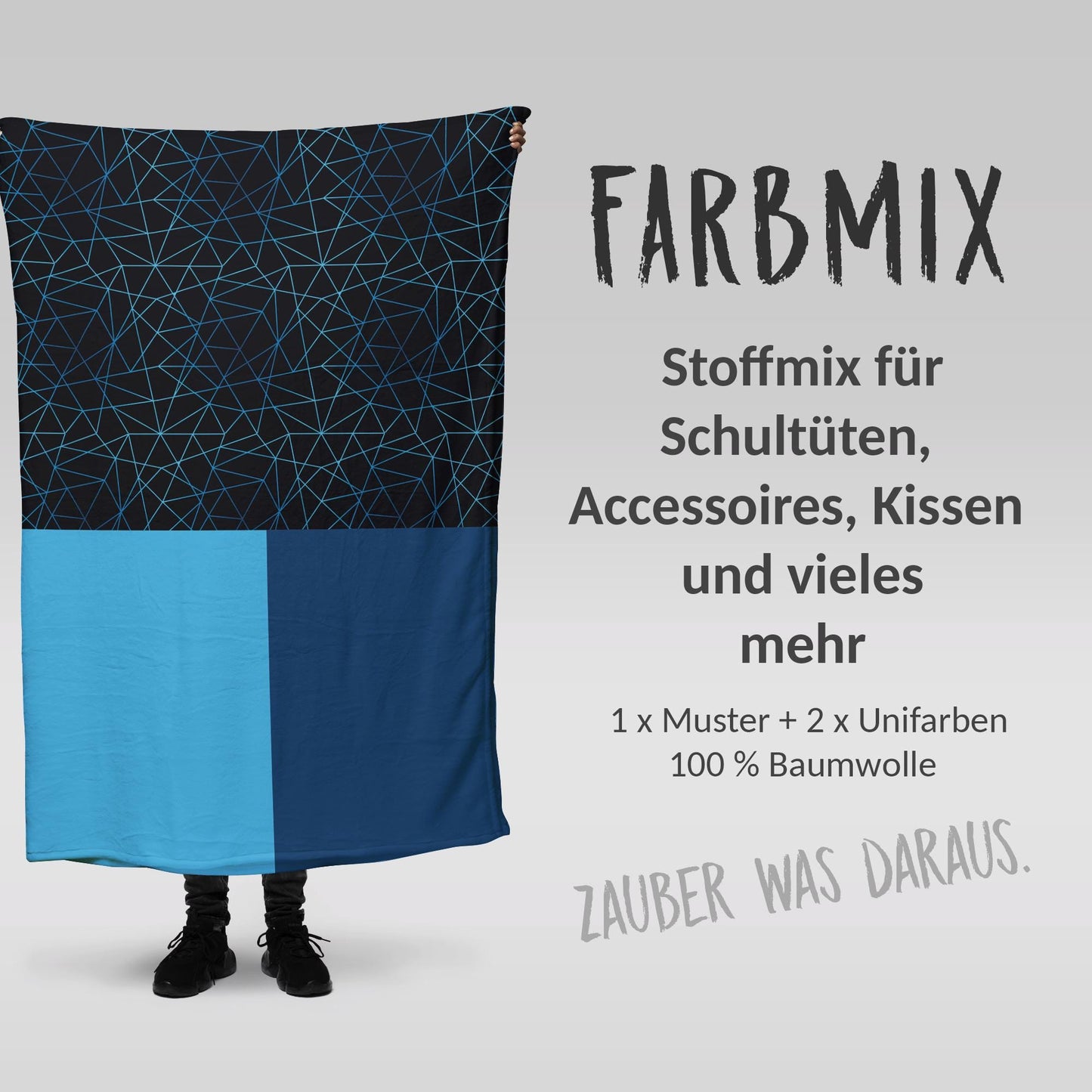 Stoffmix PANEL: Blaue Streifen auf Schwarz (97 cm x 150 cm) - perfekt für Schultüten & Accessoires zur Einschulung | Streifen,Panther,Linien
