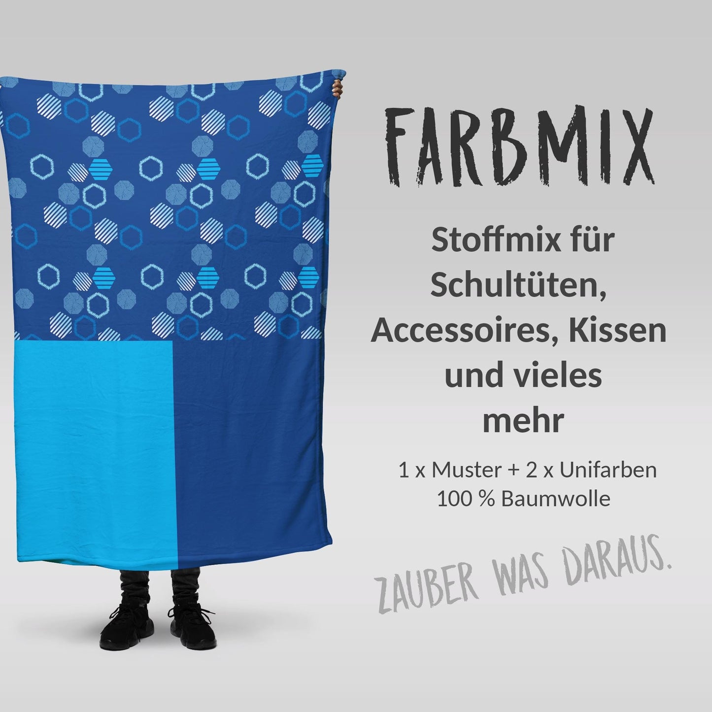Stoffmix PANEL: Blaue Fussball Achtecke (97 cm x 150 cm) - perfekt für Schultüten & Accessoires zur Einschulung | Soccer, Tor, Spieler