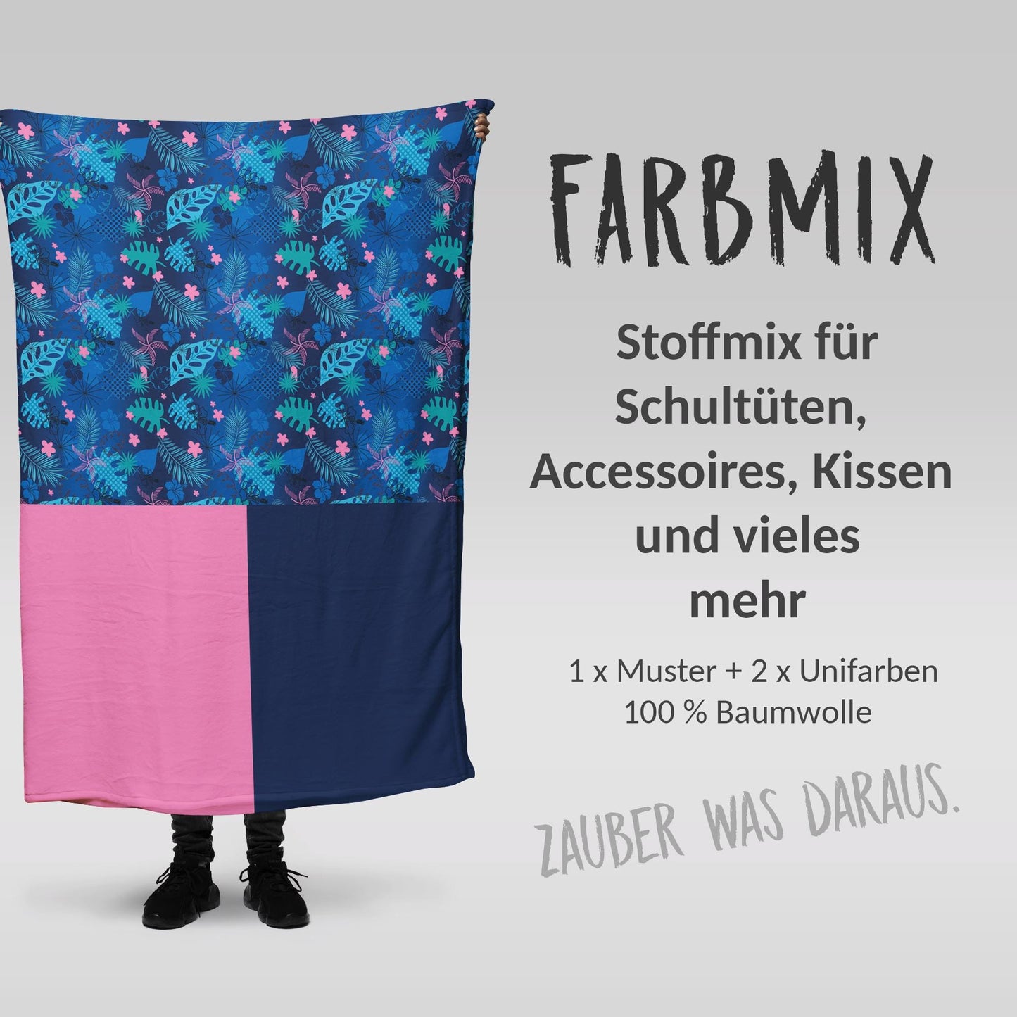 Stoffmix PANEL: Blaues Hawaii (97 cm x 150 cm) - perfekt für Schultüten & Accessoires zur Einschulung | Blätter, Tropical, Aloha, Dschungel