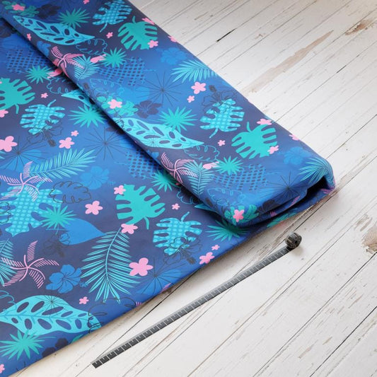 Baumwollsatin: Blaues Hawaii - perfekt für Schultüten, Accessoires zur Einschulung - Blätter, Tropical, Aloha, Dschungel