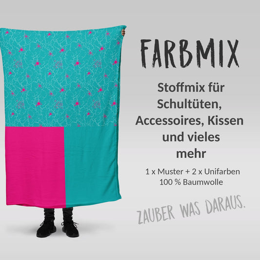 Stoffmix PANEL: Türkise Wolken Pinke Sterne (97 cm x 150 cm) - perfekt für Schultüten & Accessoires zur Einschulung | Wolke, Einhorn
