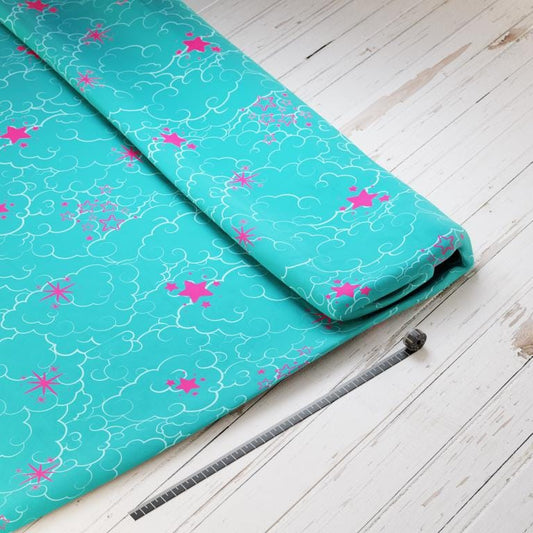 Baumwollsatin: Türkise Wolken Pinke Sterne - perfekt für Schultüten, Accessoires zur Einschulung - Wolke, Einhorn, Regenbogen