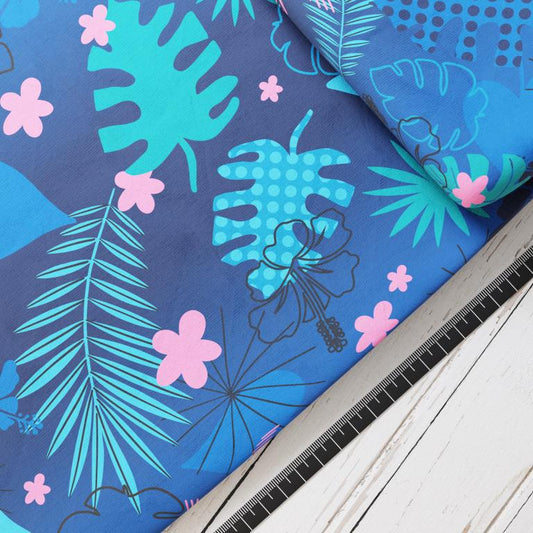 Baumwollsatin: Blaues Hawaii - perfekt für Schultüten, Accessoires zur Einschulung - Blätter, Tropical, Aloha, Dschungel
