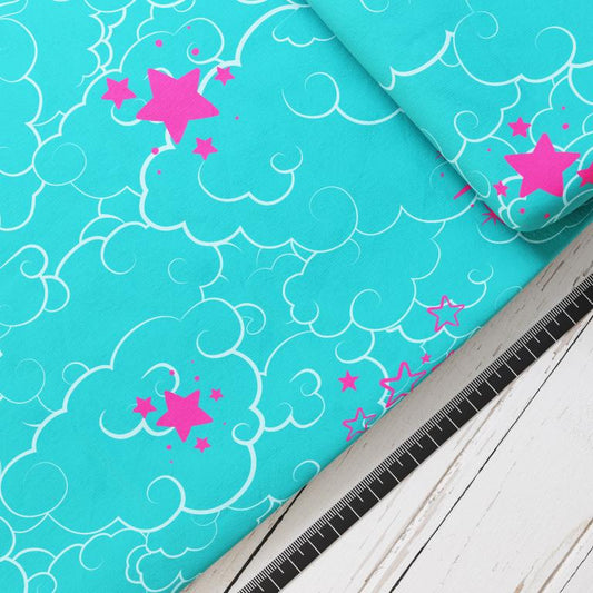 Baumwollsatin: Türkise Wolken Pinke Sterne - perfekt für Schultüten, Accessoires zur Einschulung - Wolke, Einhorn, Regenbogen