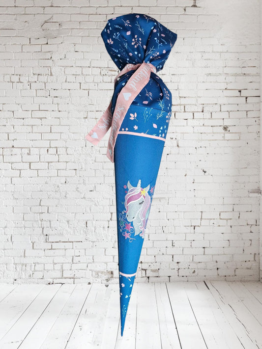 Schultüte mit Applikation - 70cm - Einhorn auf Wilde Blumen Altrosa - ST42