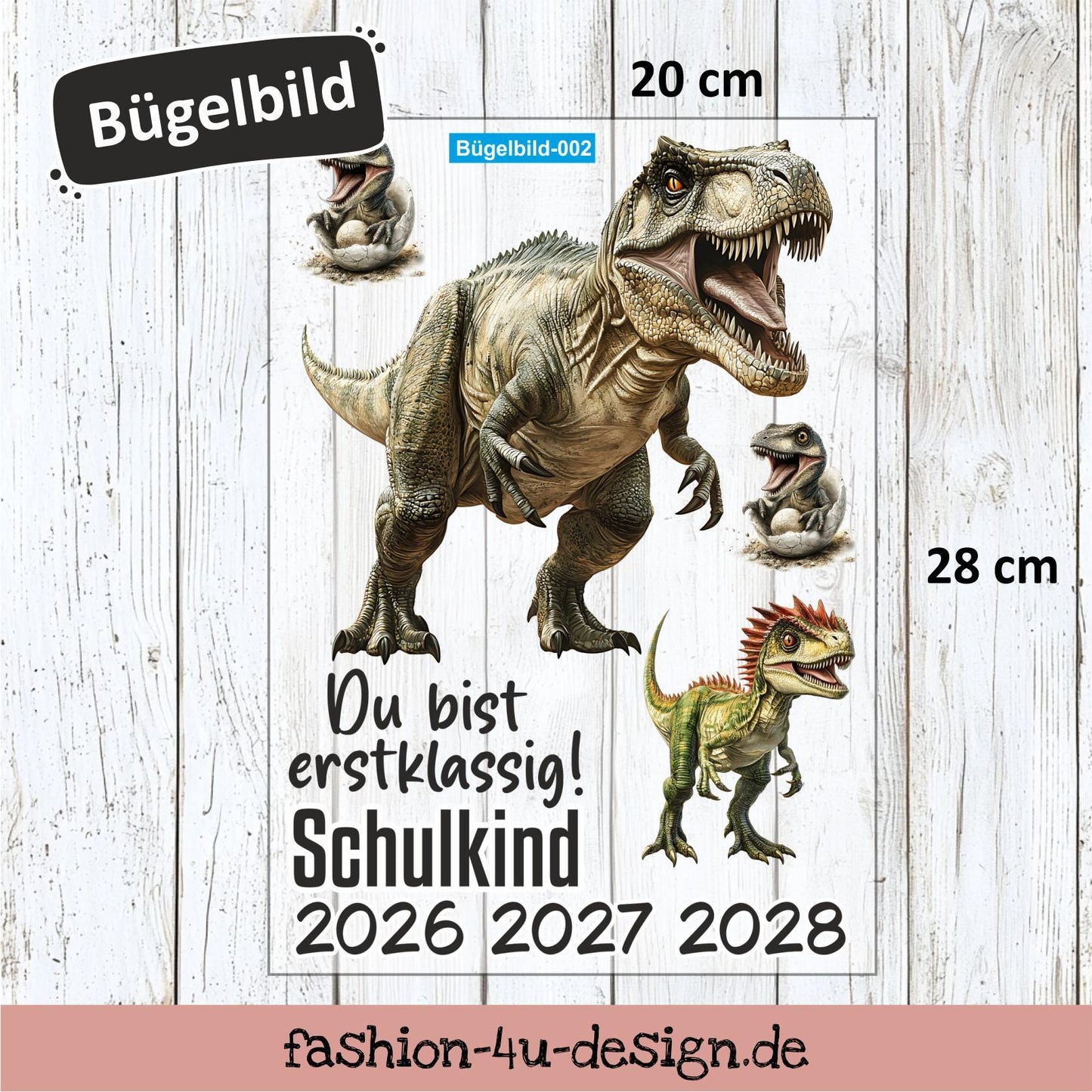 Bügelbild 002 "T-REX - Schulkind 2026/27/28" | Transfer, DIY, Applikation zur Einschulung, für die Schultüte oder Accessoires