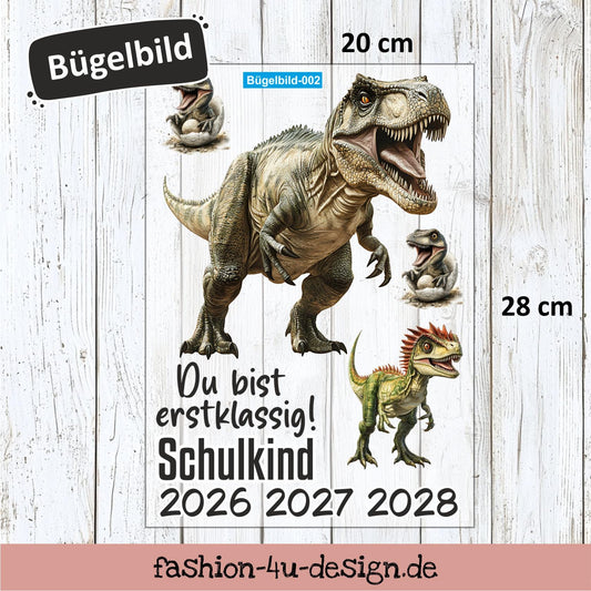Bügelbild 002 "T-REX - Schulkind 2026/27/28" | Transfer, DIY, Applikation zur Einschulung, für die Schultüte oder Accessoires