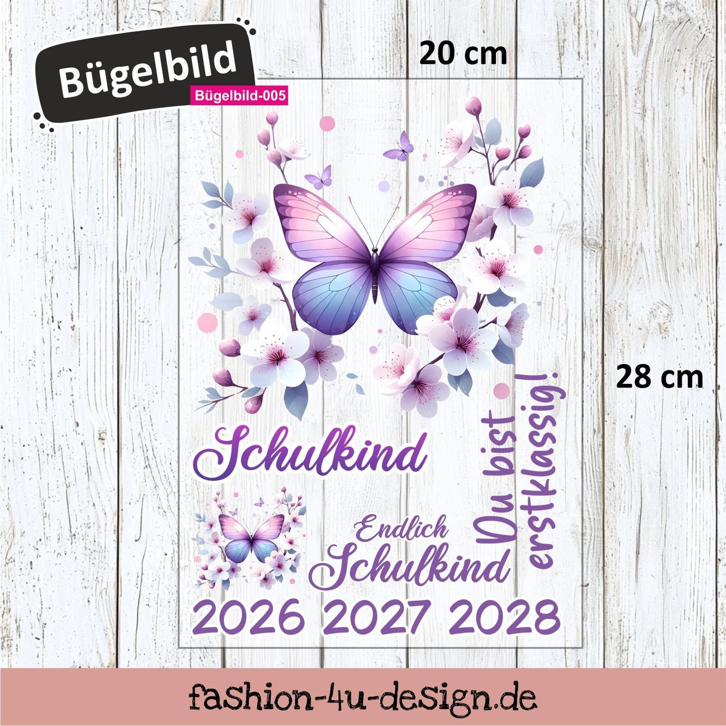 Bügelbild 005 "Schmetterlinge - Schulkind 2026/27/28" | Transfer, DIY, Applikation zur Einschulung, für die Schultüte oder Accessoires