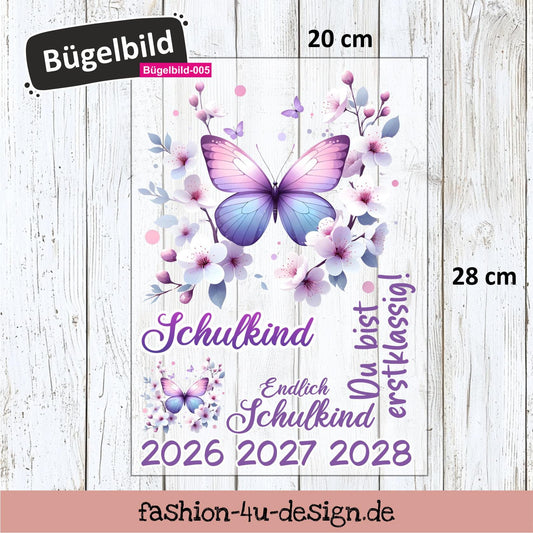 Bügelbild 005 "Schmetterlinge - Schulkind 2026/27/28" | Transfer, DIY, Applikation zur Einschulung, für die Schultüte oder Accessoires