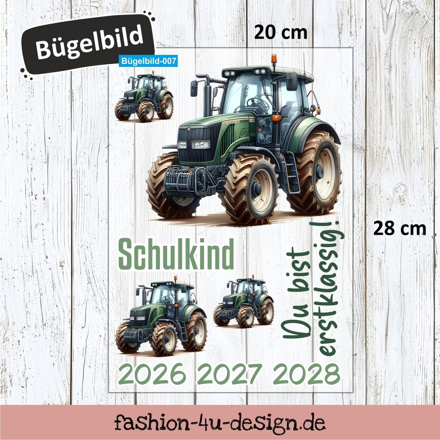 Bügelbild 007 "Traktor Grün - Schulkind 2026/27/28" | Transfer, DIY, Applikation zur Einschulung, für die Schultüte oder Accessoires
