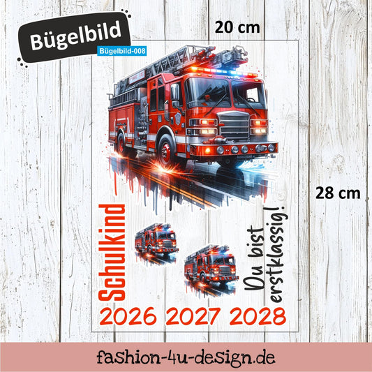 Bügelbild 008 "Feuerwehr - Schulkind 2026/27/28" | Transfer, DIY, Applikation zur Einschulung, für die Schultüte oder Accessoires