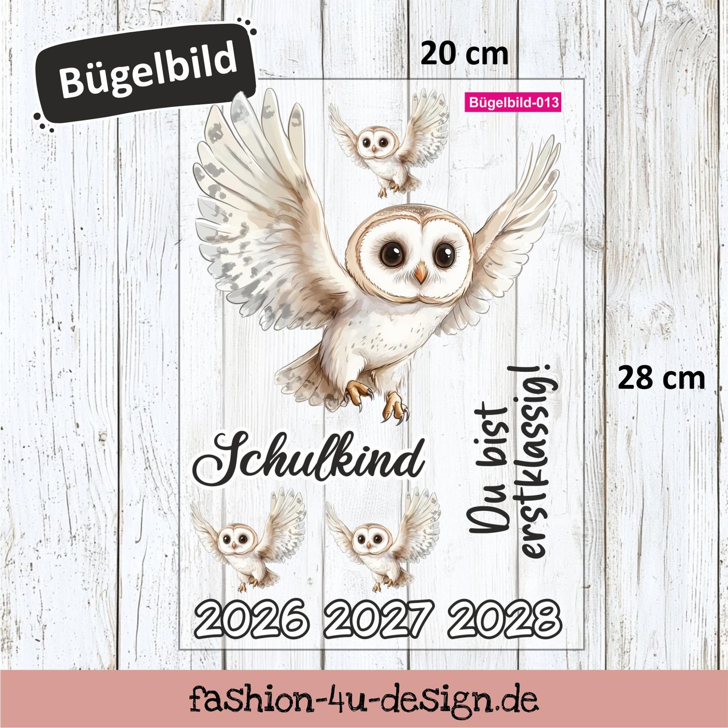 Bügelbild 013 "Eule / Schneeeule - Schulkind 2026/27/28" | Transfer, DIY, Applikation zur Einschulung, für die Schultüte oder Accessoires