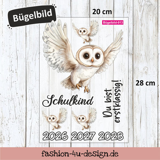 Bügelbild 013 "Eule / Schneeeule - Schulkind 2026/27/28" | Transfer, DIY, Applikation zur Einschulung, für die Schultüte oder Accessoires