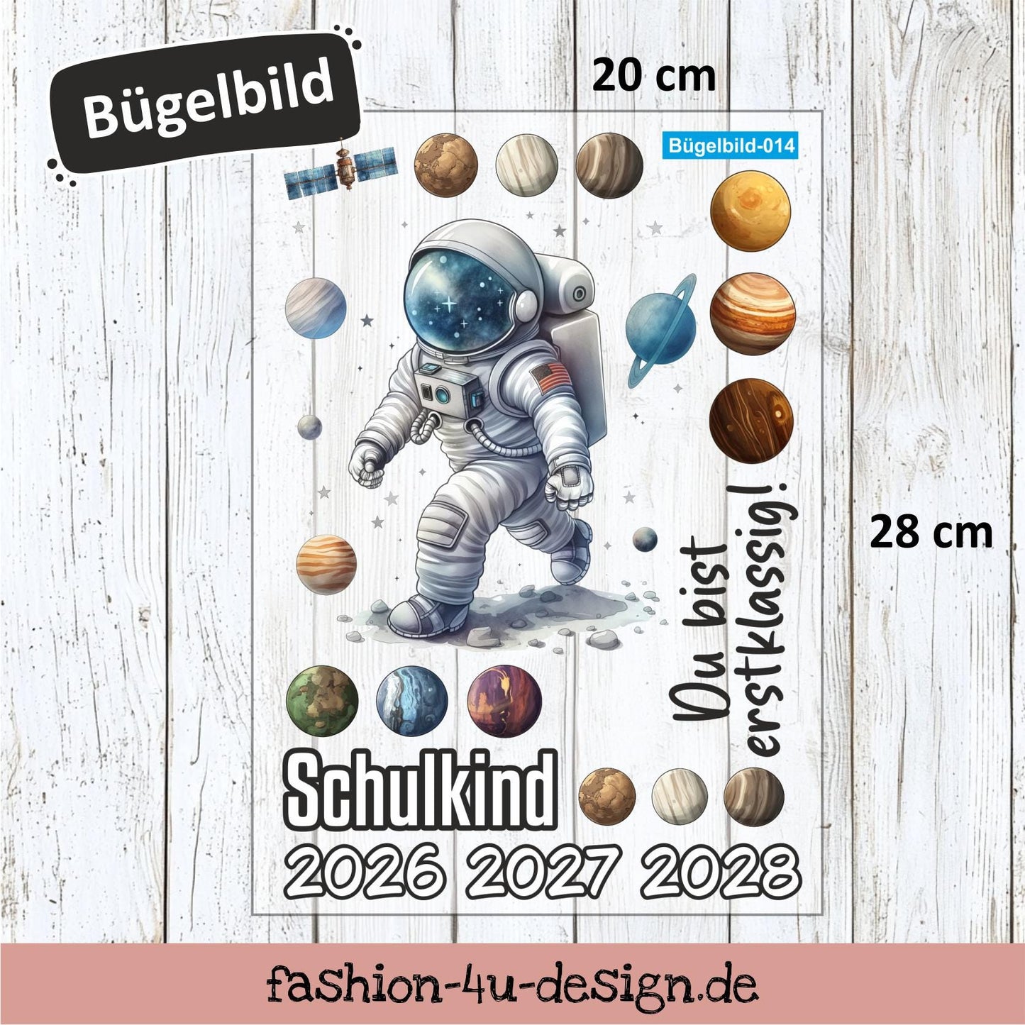 Bügelbild 014 "Astronaut - Schulkind 2026/27/28" | Transfer, DIY, Applikation zur Einschulung, für die Schultüte oder Accessoires