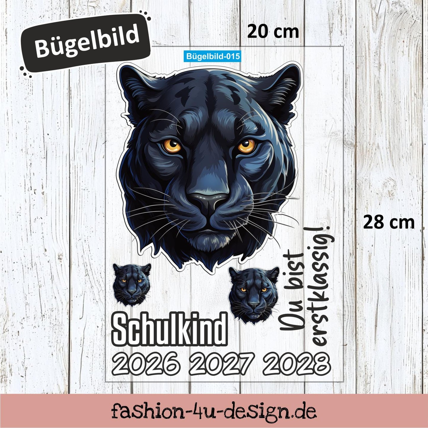 Bügelbild 015 "Schwarzer Panther - Schulkind 2026/27/28" | Transfer, DIY, Applikation zur Einschulung, für die Schultüte oder Accessoires