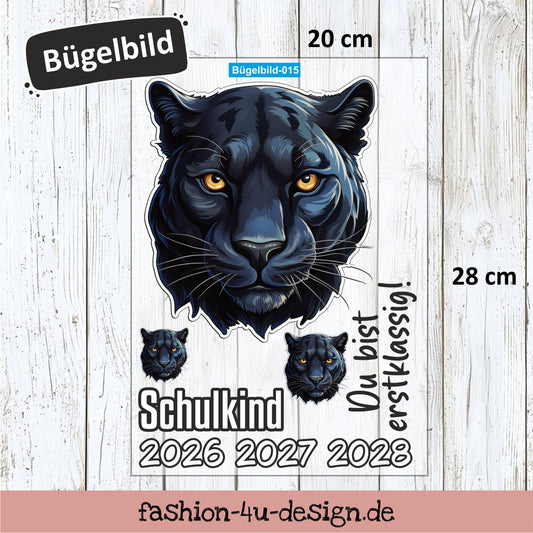 Bügelbild 015 "Schwarzer Panther - Schulkind 2026/27/28" | Transfer, DIY, Applikation zur Einschulung, für die Schultüte oder Accessoires