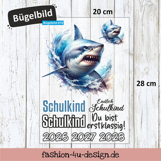 Bügelbild 016 "Hai - Schulkind 2026/27/28" | Transfer, DIY, Applikation zur Einschulung, für die Schultüte oder Accessoires