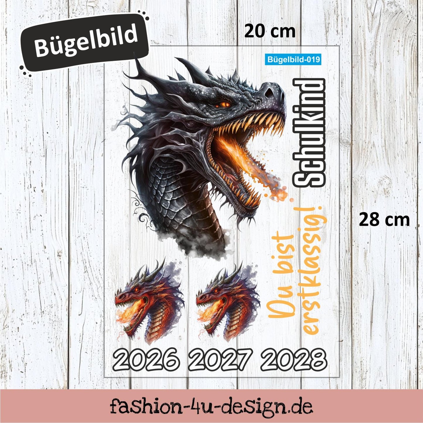 Bügelbild 019 "Feuer Drache - Schulkind 2026/27/28" | Transfer, DIY, Applikation zur Einschulung, für die Schultüte oder Accessoires