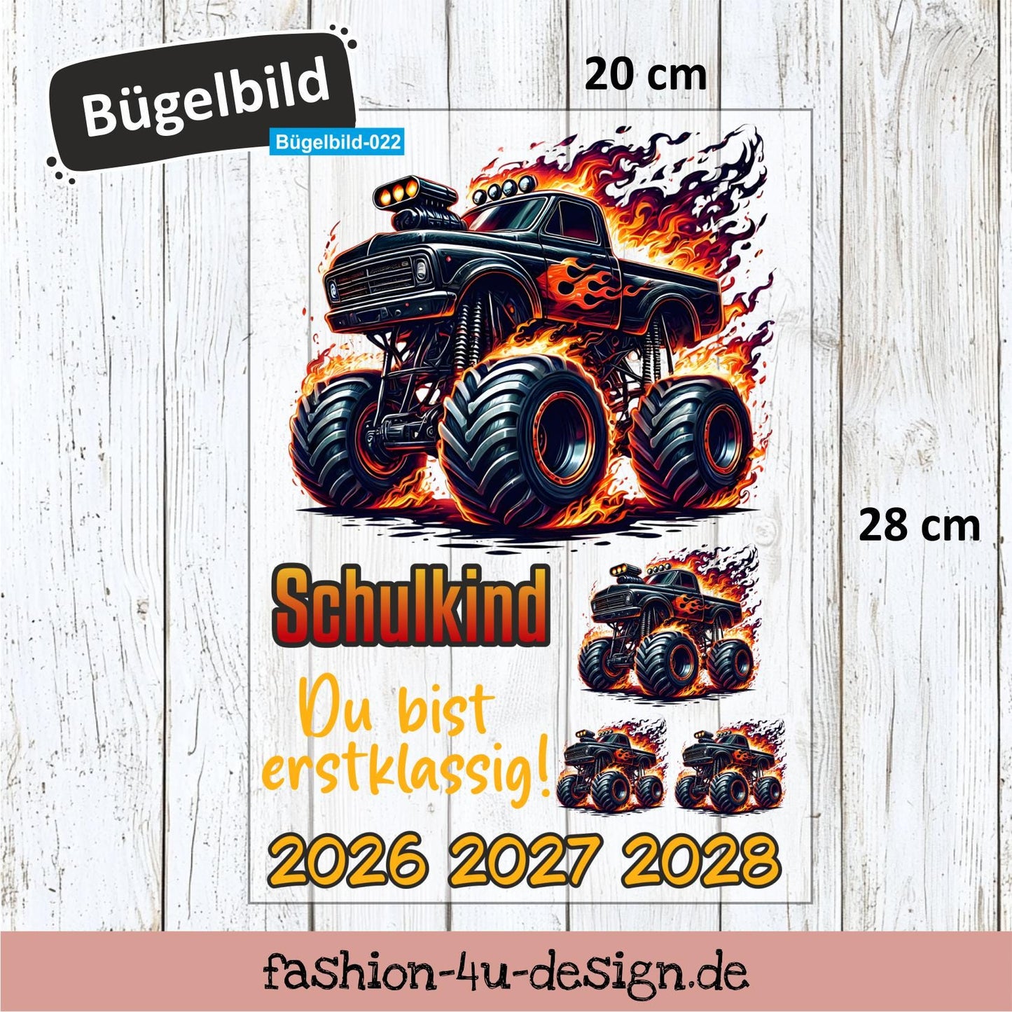 Bügelbild 022 "Monster Truck - Schulkind 2026/27/28" | Transfer, DIY, Applikation zur Einschulung, für die Schultüte oder Accessoires