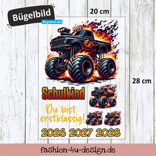 Bügelbild 022 "Monster Truck - Schulkind 2026/27/28" | Transfer, DIY, Applikation zur Einschulung, für die Schultüte oder Accessoires