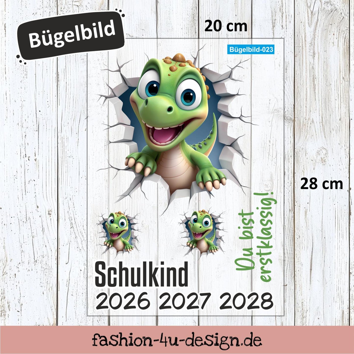 Bügelbild 023 "Dinosaurier Baby - Schulkind 2026/27/28" | Transfer, DIY, Applikation zur Einschulung, für die Schultüte oder Accessoires