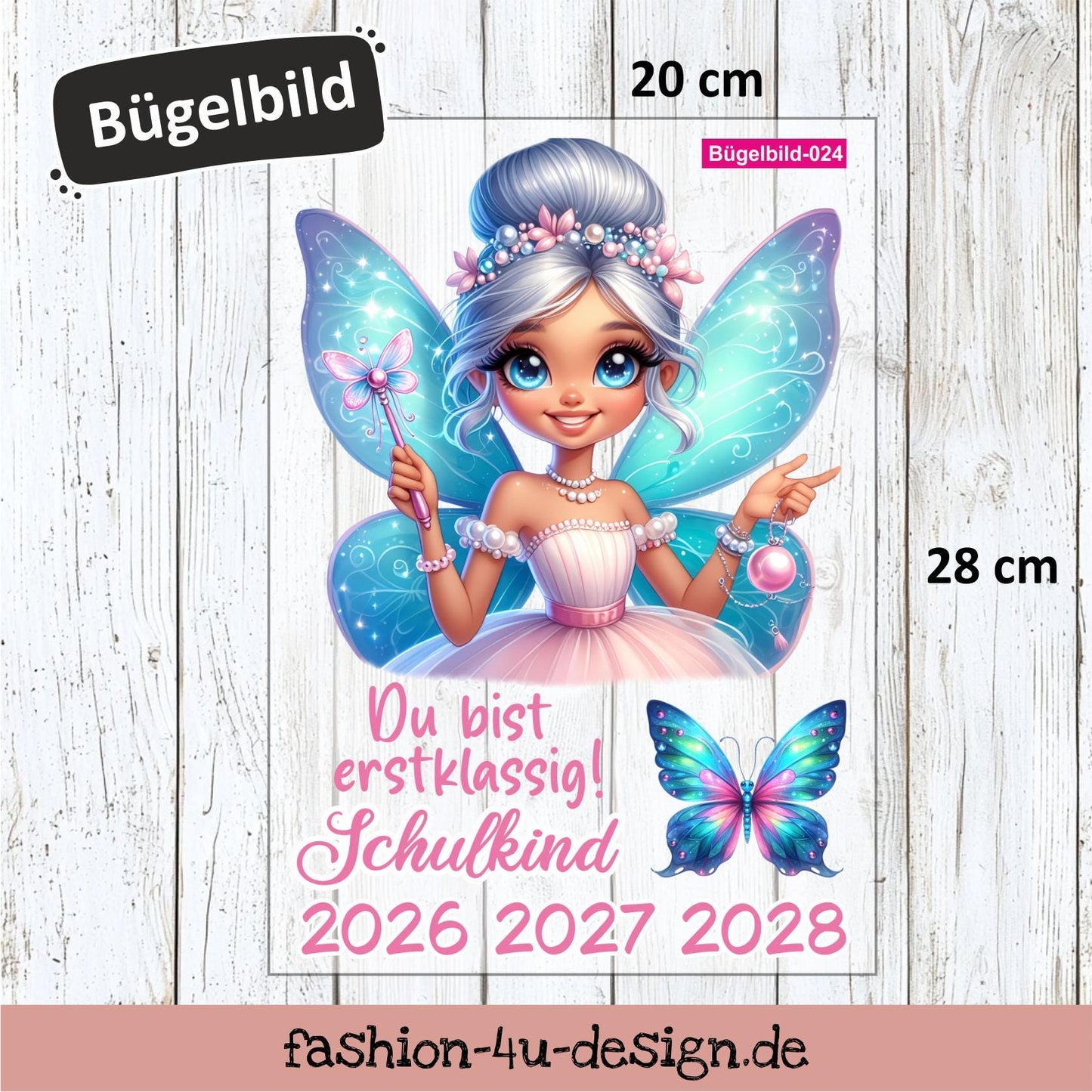 Bügelbild 024 "Glitzerfee Elfe - Schulkind 2026/27/28" | Transfer, DIY, Applikation zur Einschulung, für die Schultüte oder Accessoires