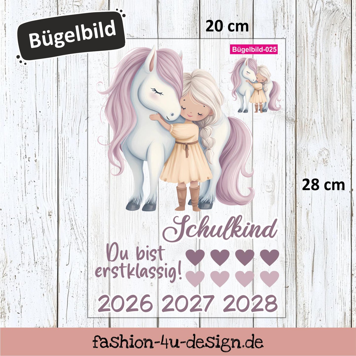 Bügelbild 025 "Mädchen mit Pferd - Schulkind 2026/27/28" | Transfer, DIY, Applikation zur Einschulung, für die Schultüte oder Accessoires