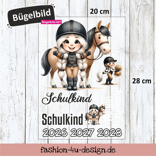 Bügelbild 027 "Reiterin mit Pferd - Schulkind 2026/27/28" | Transfer, DIY, Applikation zur Einschulung, für die Schultüte oder Accessoires
