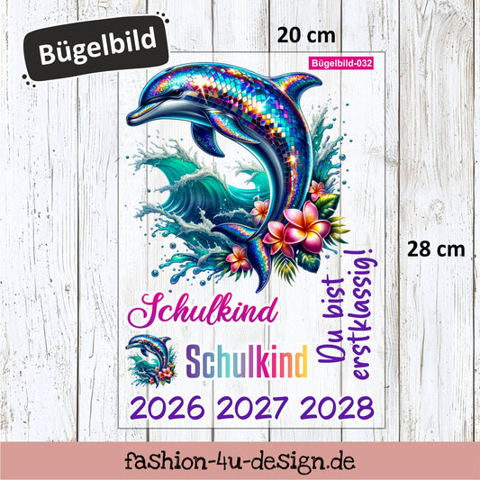Bügelbild 032 "Boho Delfin - Schulkind 2026/27/28" | Transfer, DIY, Applikation zur Einschulung, für die Schultüte oder Accessoires