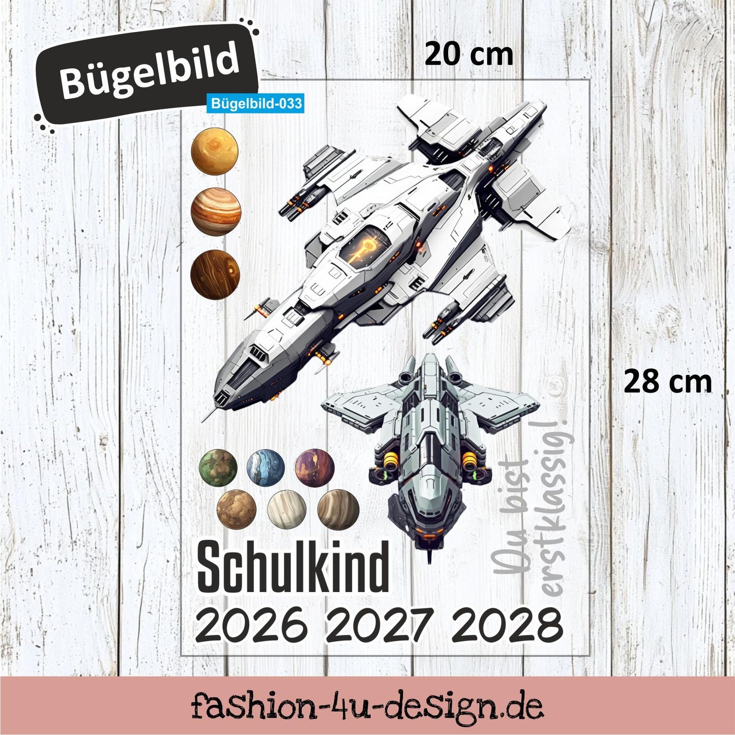 Bügelbild 033 "Raumschiff - Schulkind 2026/27/28" | Transfer, DIY, Applikation zur Einschulung, für die Schultüte oder Accessoires