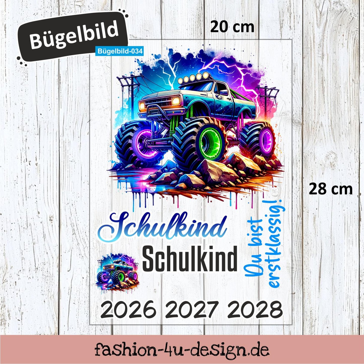 Bügelbild 034 "Monster Truck Bunt - Schulkind 2026/27/28" | Transfer, DIY, Applikation zur Einschulung, für die Schultüte oder Accessoires