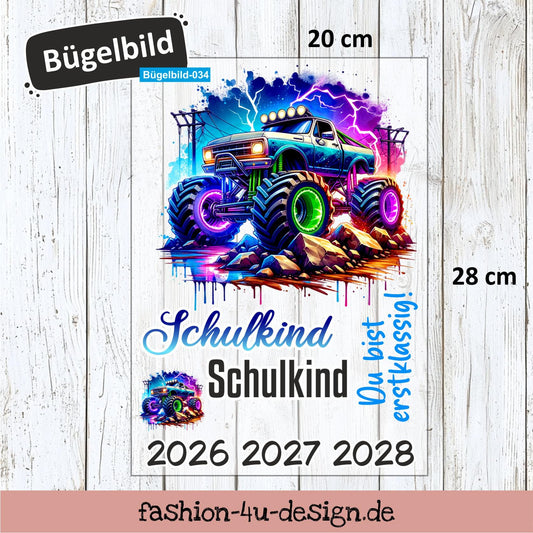 Bügelbild 034 "Monster Truck Bunt - Schulkind 2026/27/28" | Transfer, DIY, Applikation zur Einschulung, für die Schultüte oder Accessoires