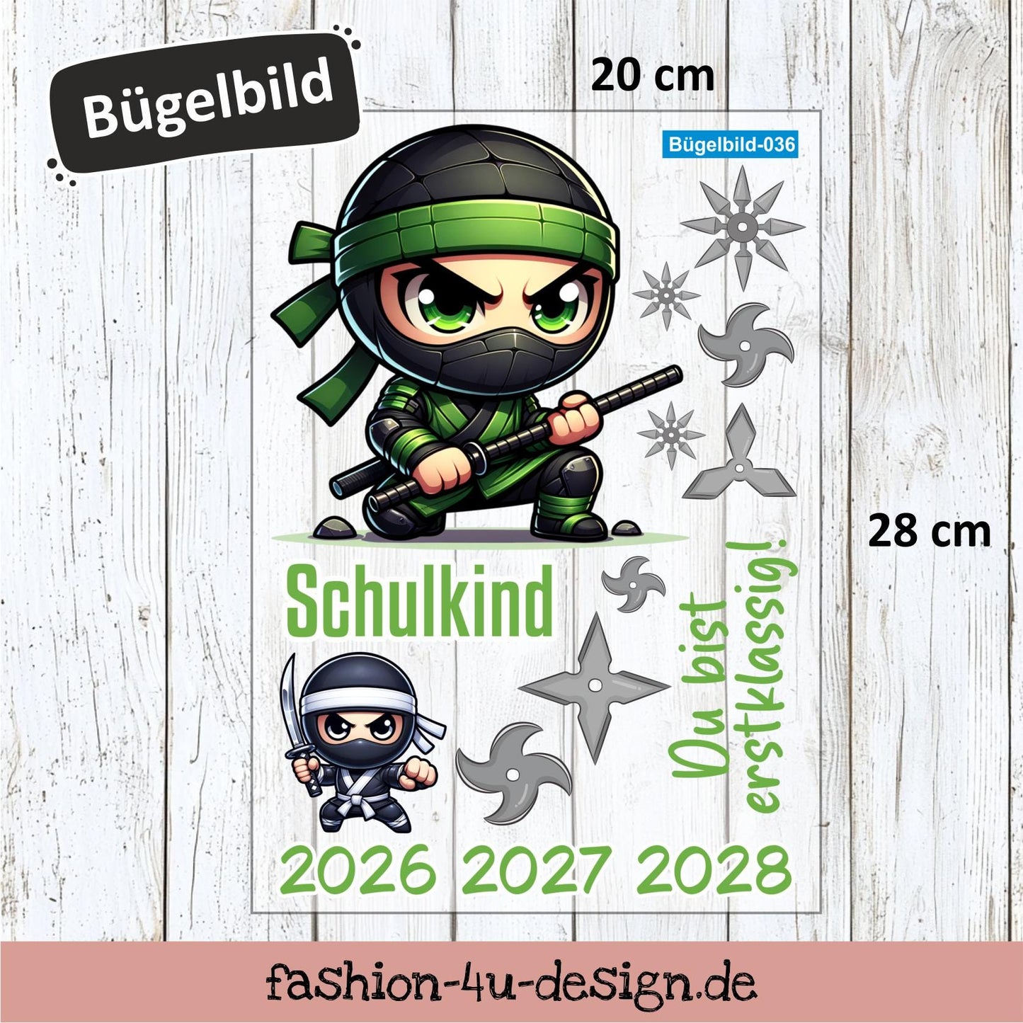 Bügelbild 036 "Ninja Grün - Schulkind 2026/27/28" | Transfer, DIY, Applikation zur Einschulung, für die Schultüte oder Accessoires