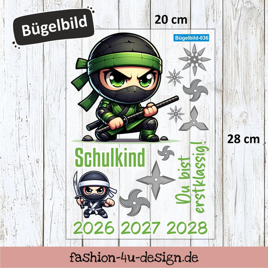 Bügelbild 036 "Ninja Grün - Schulkind 2026/27/28" | Transfer, DIY, Applikation zur Einschulung, für die Schultüte oder Accessoires