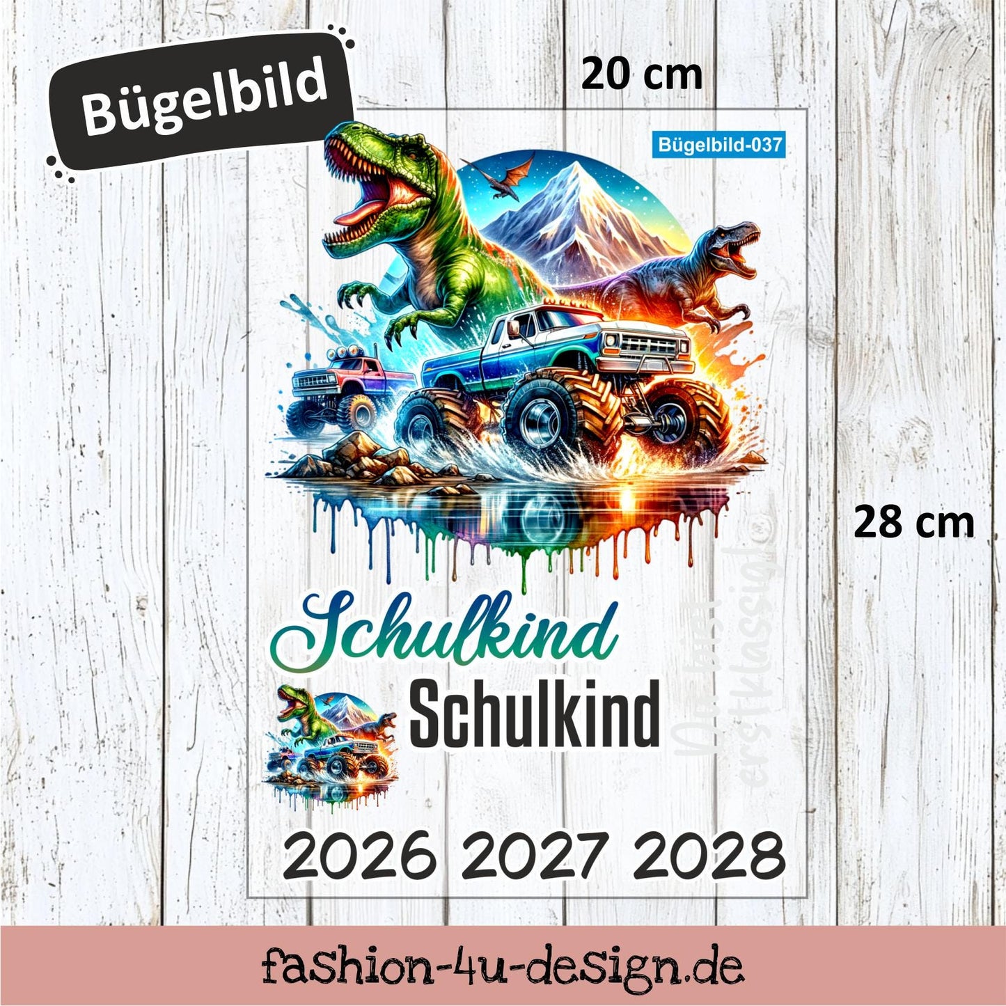 Bügelbild 037 "T-REX Monster Truck - Schulkind 2026/27/28" | Transfer, DIY, Applikation zur Einschulung, für die Schultüte oder Accessoires