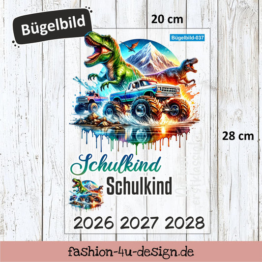 Bügelbild 037 "T-REX Monster Truck - Schulkind 2026/27/28" | Transfer, DIY, Applikation zur Einschulung, für die Schultüte oder Accessoires
