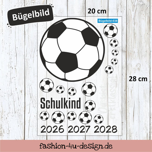 Bügelbild 038 "Fußball S/W - Schulkind 2026/27/28" | Transfer, DIY, Applikation zur Einschulung, für die Schultüte oder Accessoires