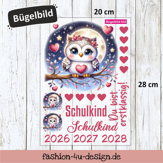 Bügelbild 042 "Eule Nachthimmel - Schulkind 2026/27/28" | Transfer, DIY, Applikation zur Einschulung, für die Schultüte oder Accessoires
