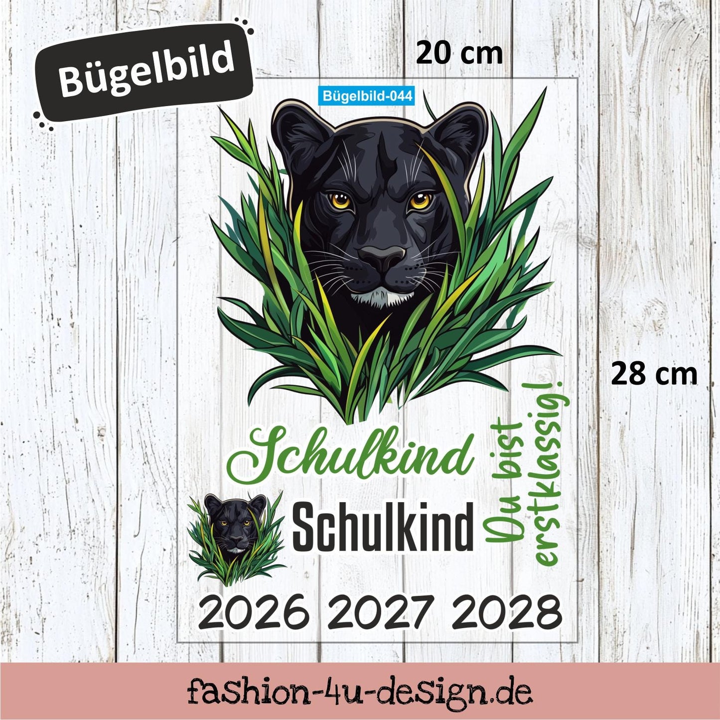 Bügelbild 044 "Panther Dschungel - Schulkind 2026/27/28" | Transfer, DIY, Applikation zur Einschulung, für die Schultüte oder Accessoires