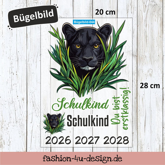 Bügelbild 044 "Panther Dschungel - Schulkind 2026/27/28" | Transfer, DIY, Applikation zur Einschulung, für die Schultüte oder Accessoires