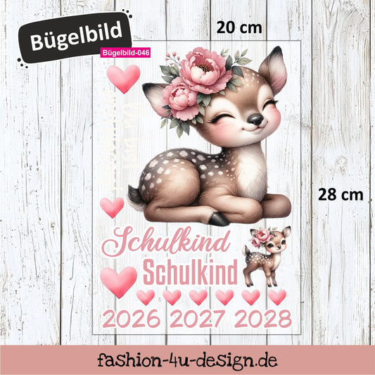 Bügelbild 046 "Boho Reh - Schulkind 2026/27/28" | Transfer, DIY, Applikation zur Einschulung, für die Schultüte oder Accessoires