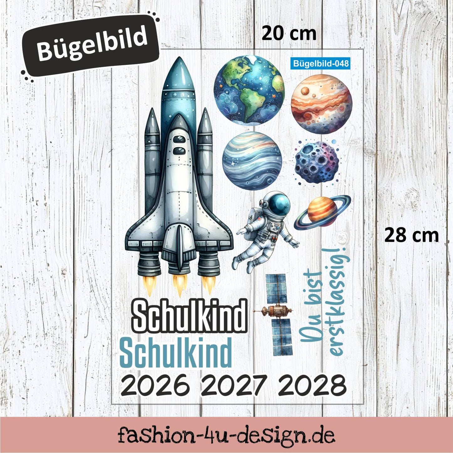 Bügelbild 048 "Space Shuttle - Schulkind 2026/27/28" | Transfer, DIY, Applikation zur Einschulung, für die Schultüte oder Accessoires