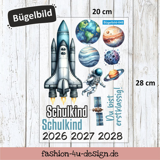 Bügelbild 048 "Space Shuttle - Schulkind 2026/27/28" | Transfer, DIY, Applikation zur Einschulung, für die Schultüte oder Accessoires