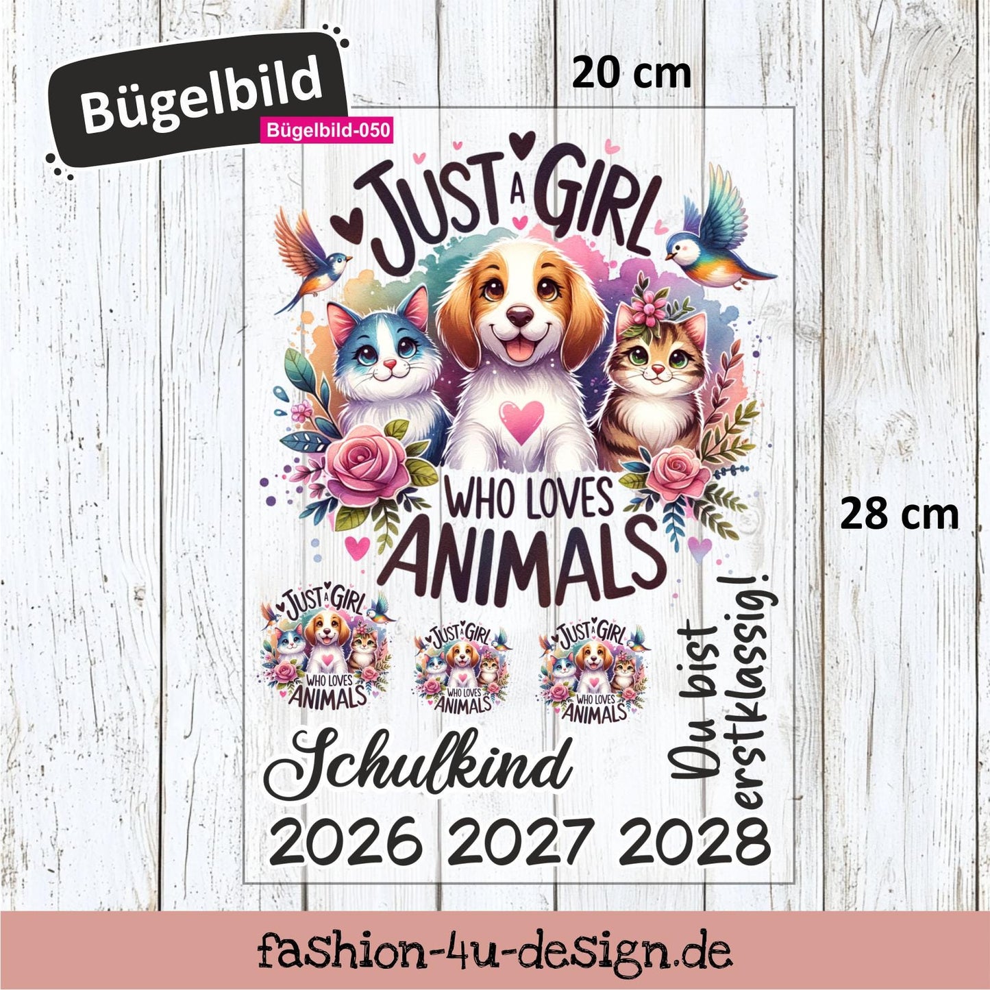 Bügelbild 050 "Tiere Hund Katze - Schulkind 2026/27/28" | Transfer, DIY, Applikation zur Einschulung, für die Schultüte oder Accessoires