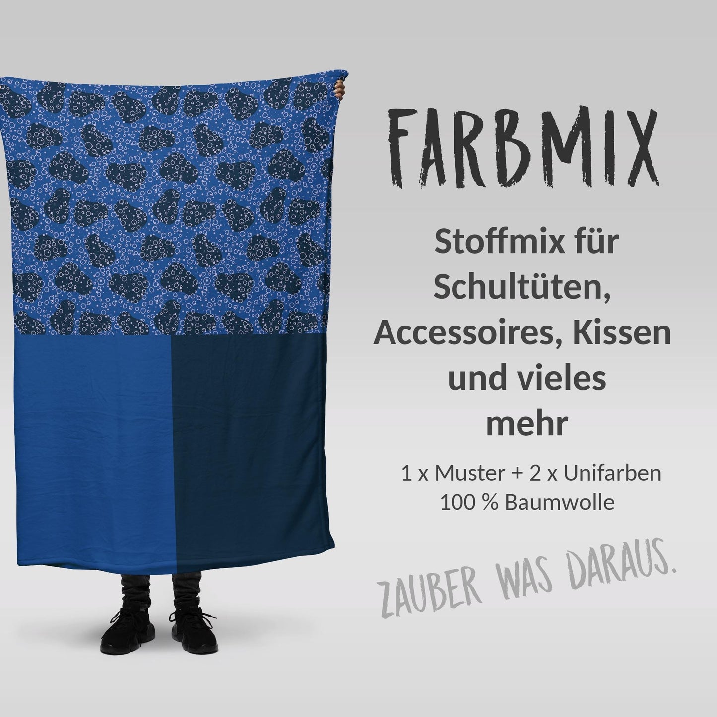 Stoffmix PANEL: Blubberblau (97 cm x 150 cm) - perfekt für Schultüten & Accessoires zur Einschulung | Delfin, Fisch, Meerjungfrau, Meer, Hai