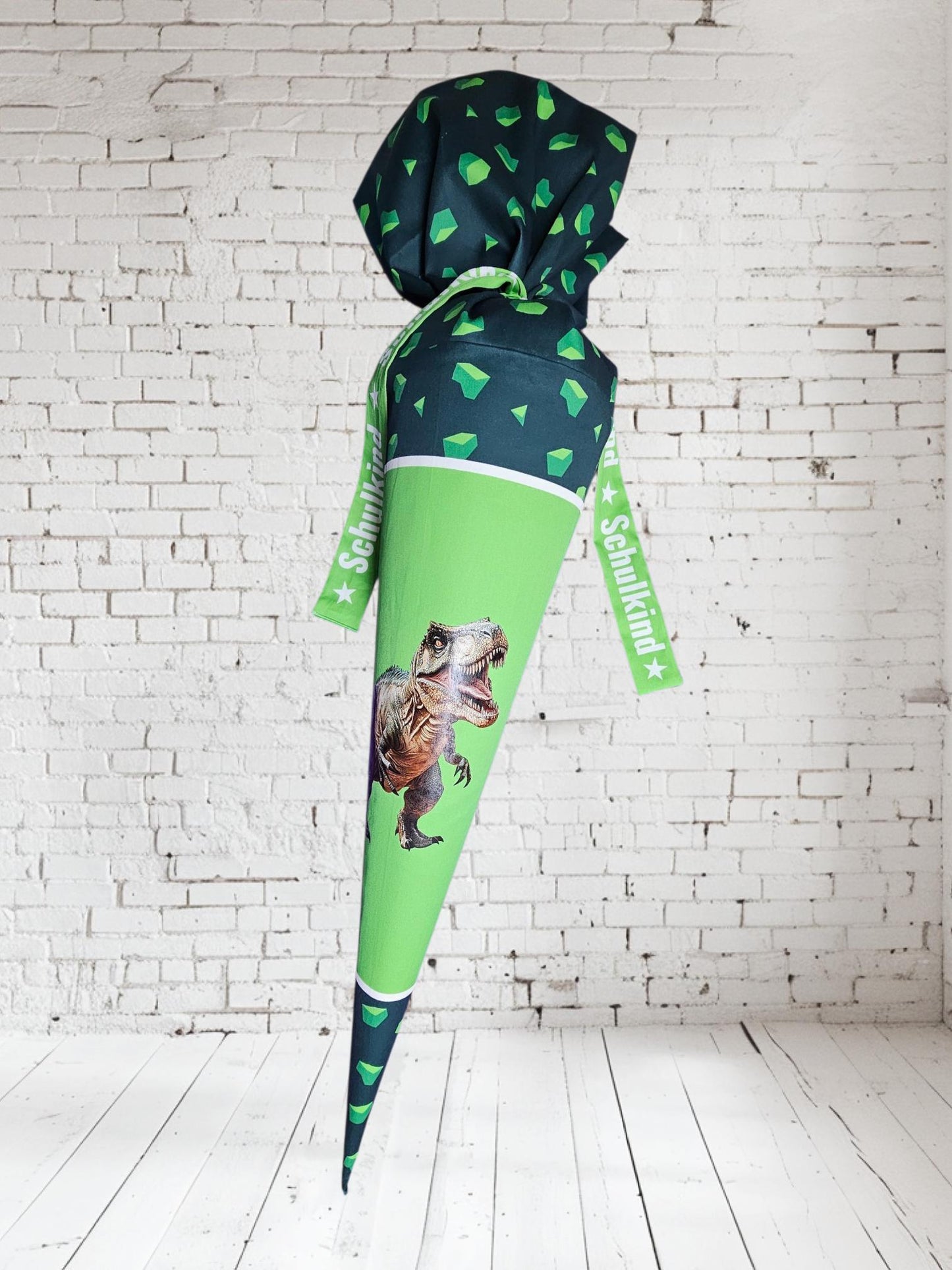 Schultüte mit Bügelbild / Transfer - 70cm oder 85cm - Dino auf Kristallgrün - AS2