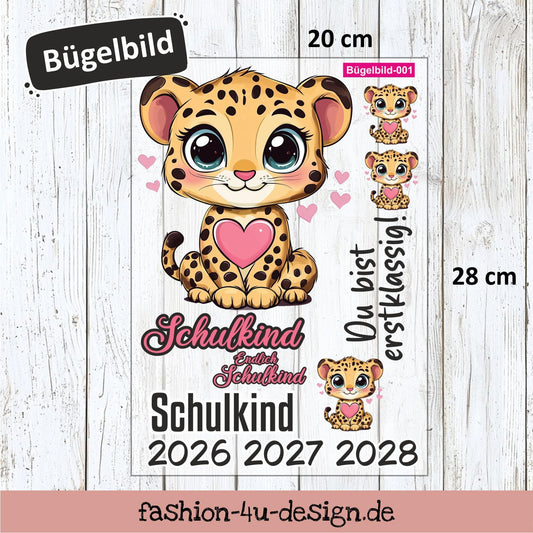 Bügelbild 001 "Baby Gepard - Schulkind 2026/27/28" | Transfer, DIY, Applikation zur Einschulung, für die Schultüte oder Accessoires