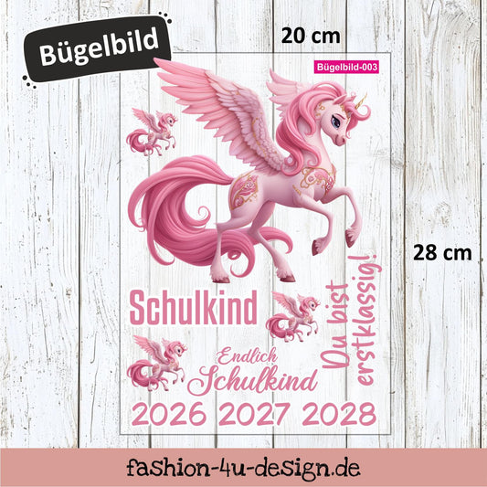 Bügelbild 003 "Pegasus Einhorn Rosa - Schulkind 2026/27/28" | Transfer, DIY, Applikation zur Einschulung, für die Schultüte oder Accessoires